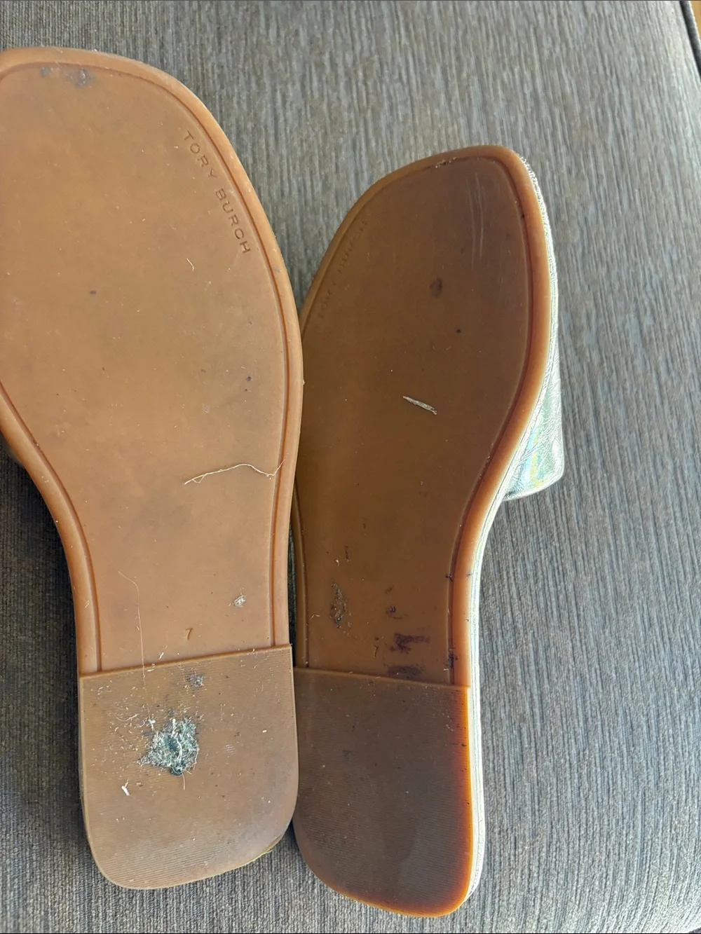 Tory Burch Iridescent Metallic Gold Logo Slide Sandals